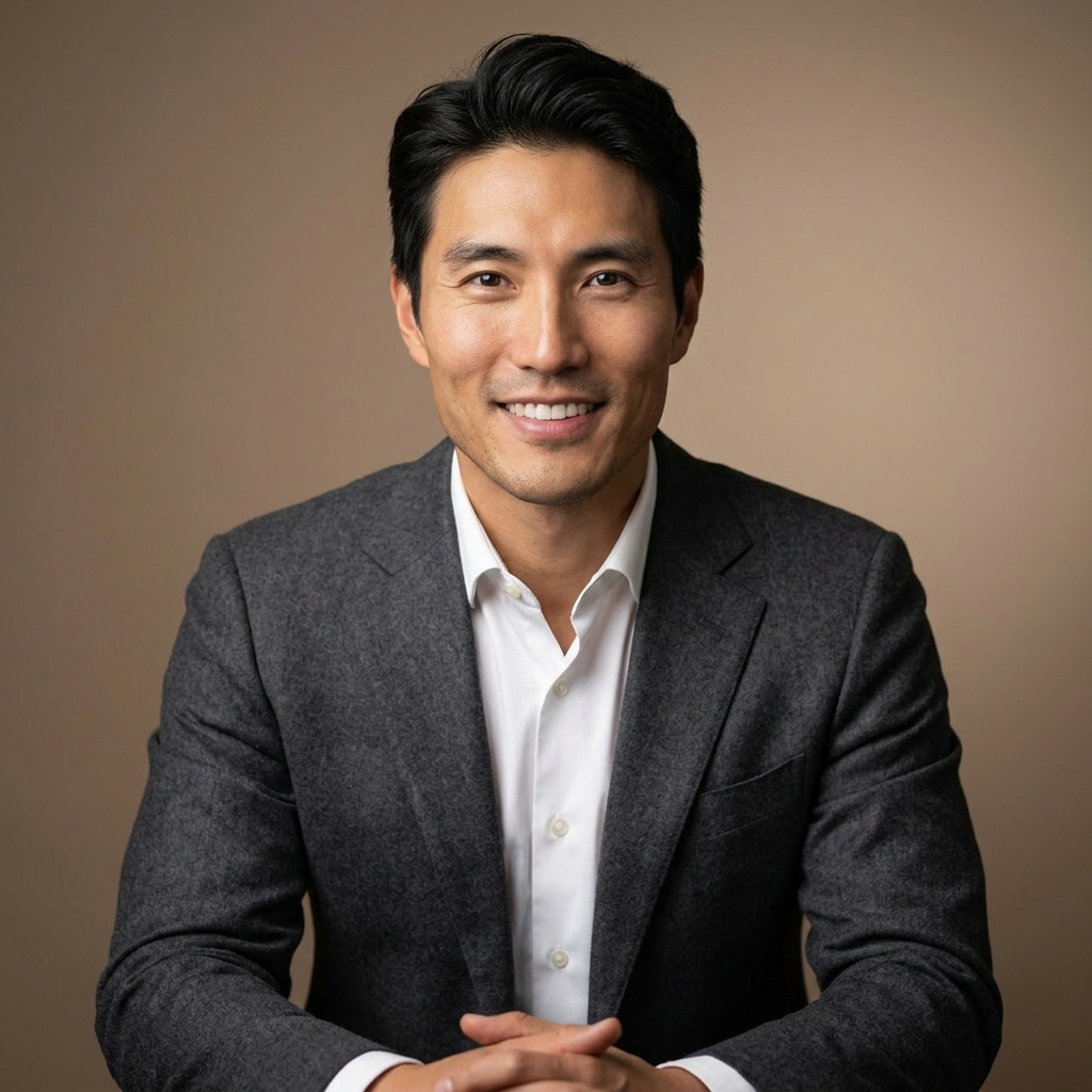 Plain Warm Taupe Studio · Charcoal Suit with Winter Neutral Layer headshot example