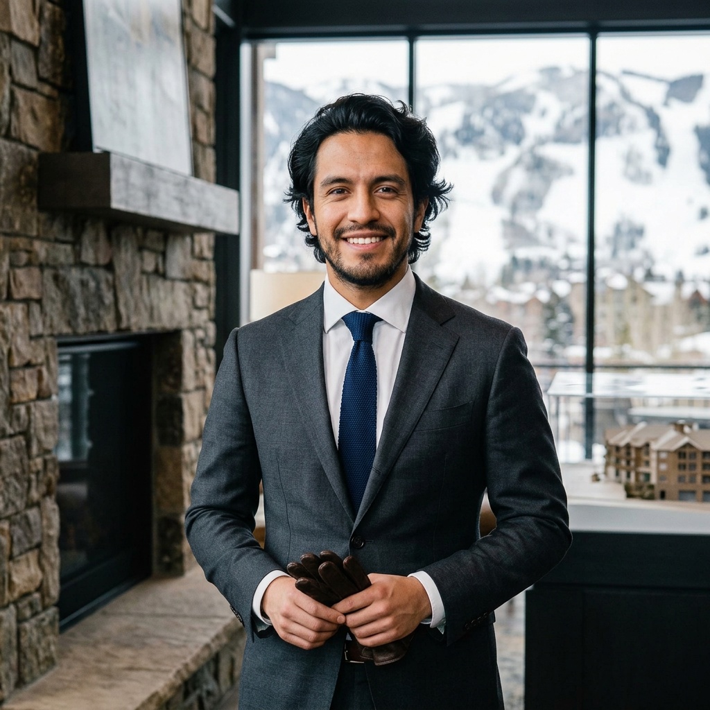 Mountain New Development Sales Gallery · Charcoal Suit with Winter Neutral Layer headshot example