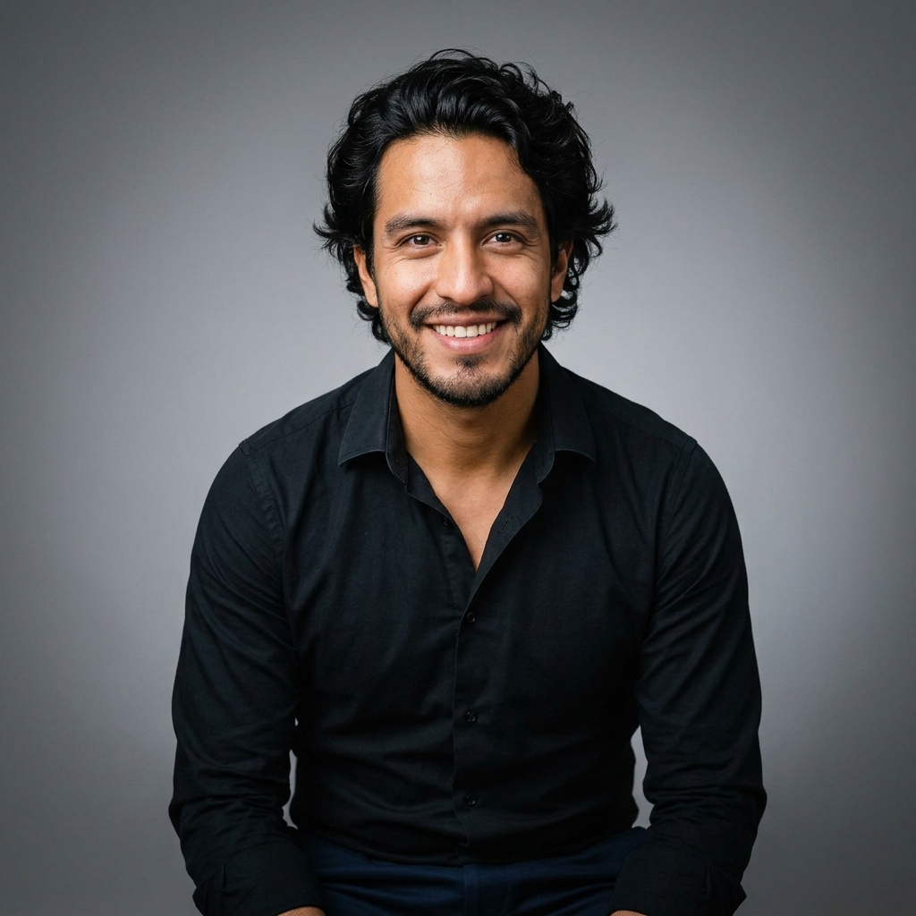 Neutral Mid-Grey Gradient Seamless · Black Button-Up with Dark Trousers headshot example