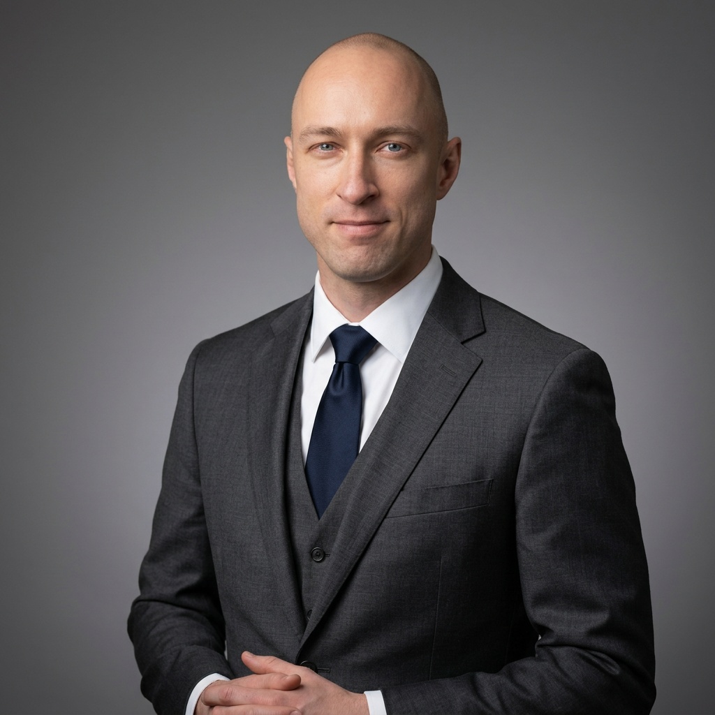 Mid Grey Seamless Studio · Subtle Premium Pinstripe headshot example