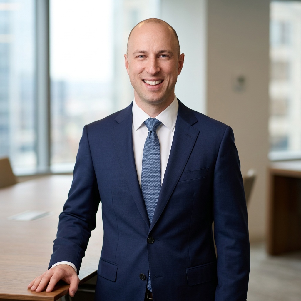 Warm Wood Conference Room · Navy Suit with White Shirt headshot example