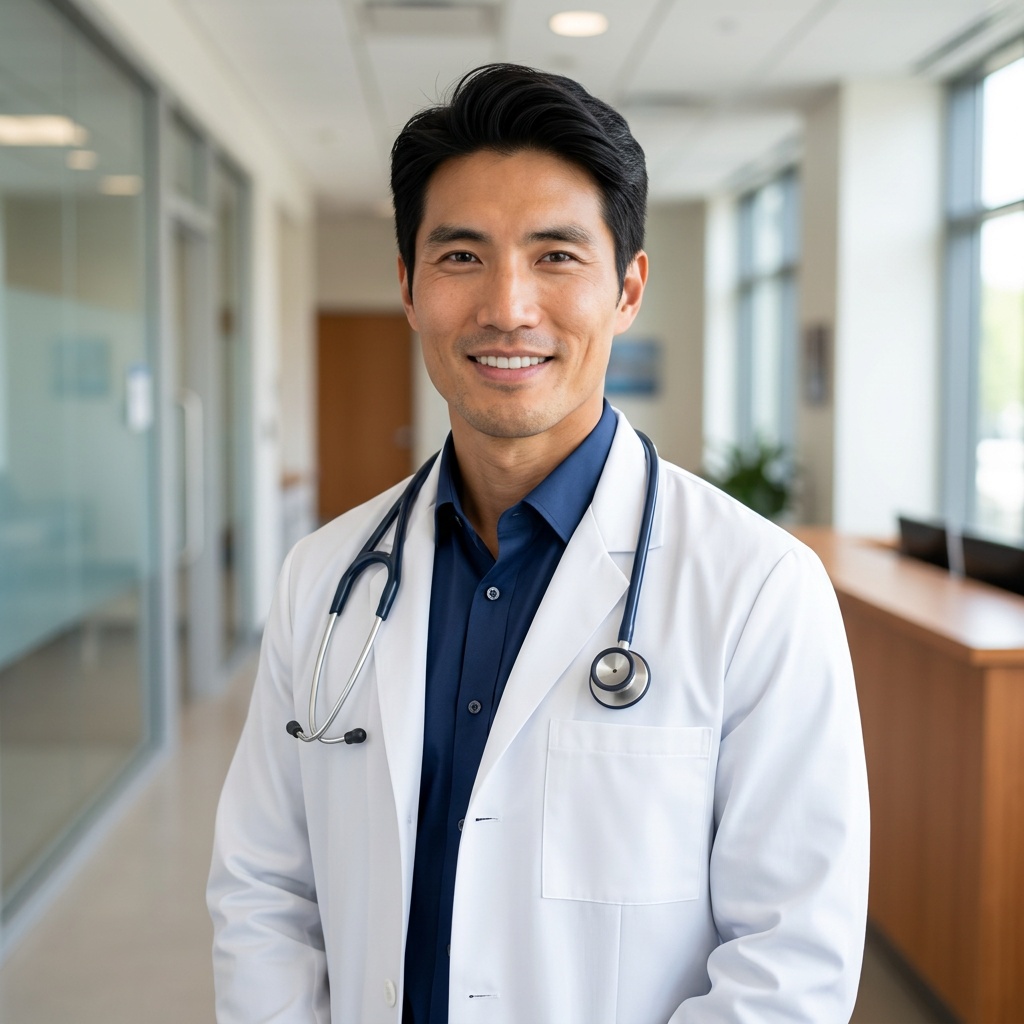 Light Grey Gradient Studio · Physician White Coat headshot example