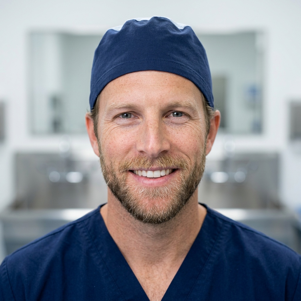 Clean Scrub Room · Surgical Scrubs with Cap headshot example