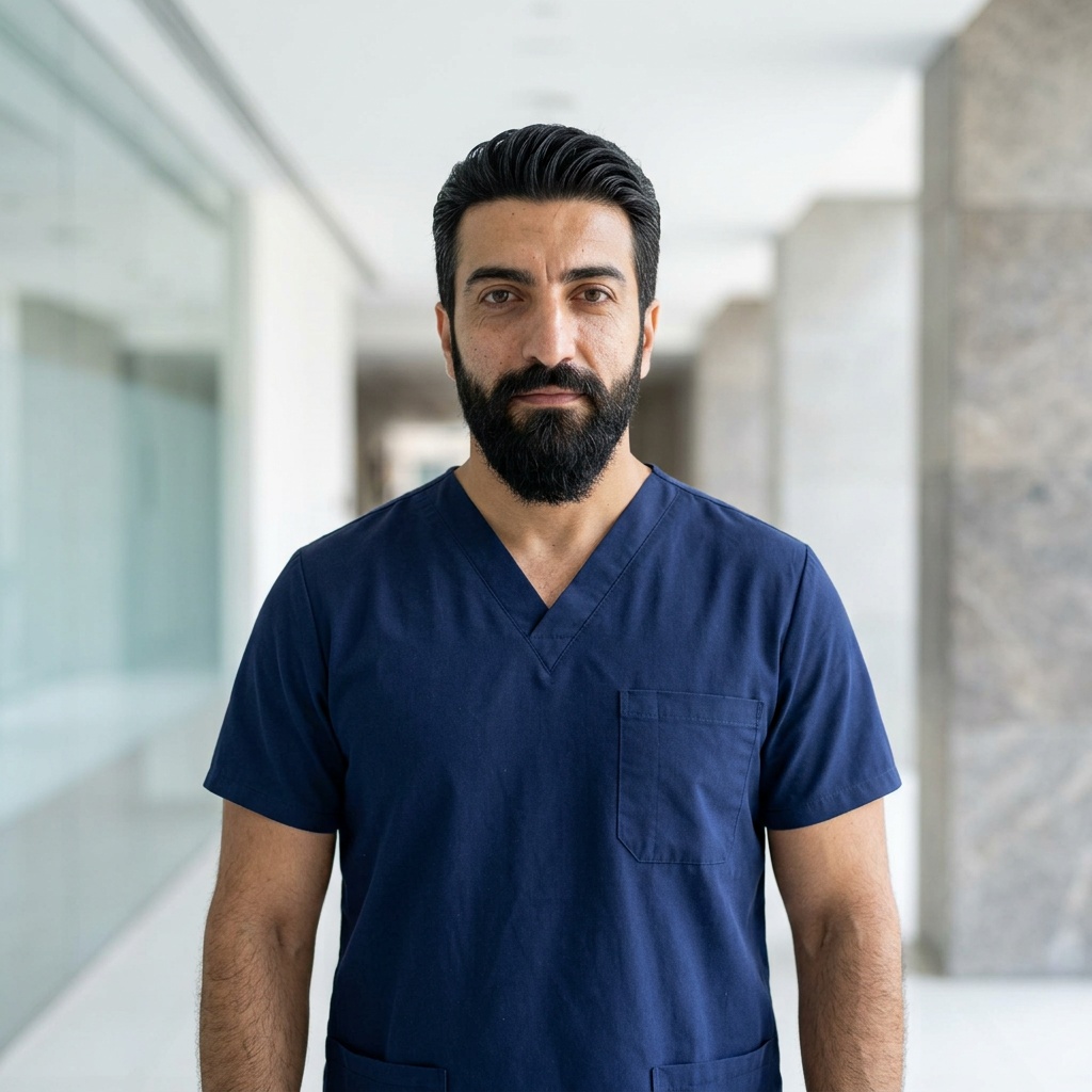 Glass Hospital Corridor · Emergency Medicine Scrubs headshot example