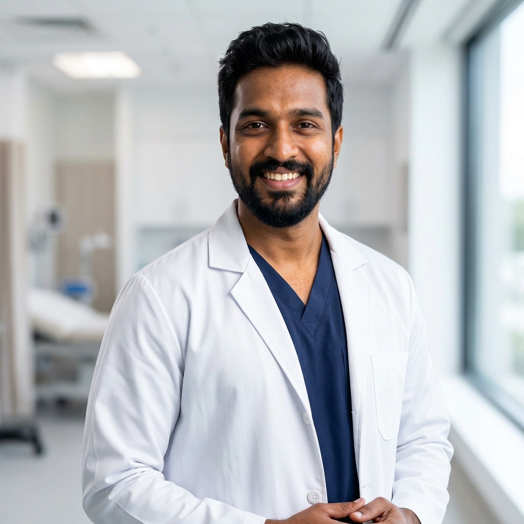 Soft Blue Clinic Interior · White Coat over Scrubs headshot example