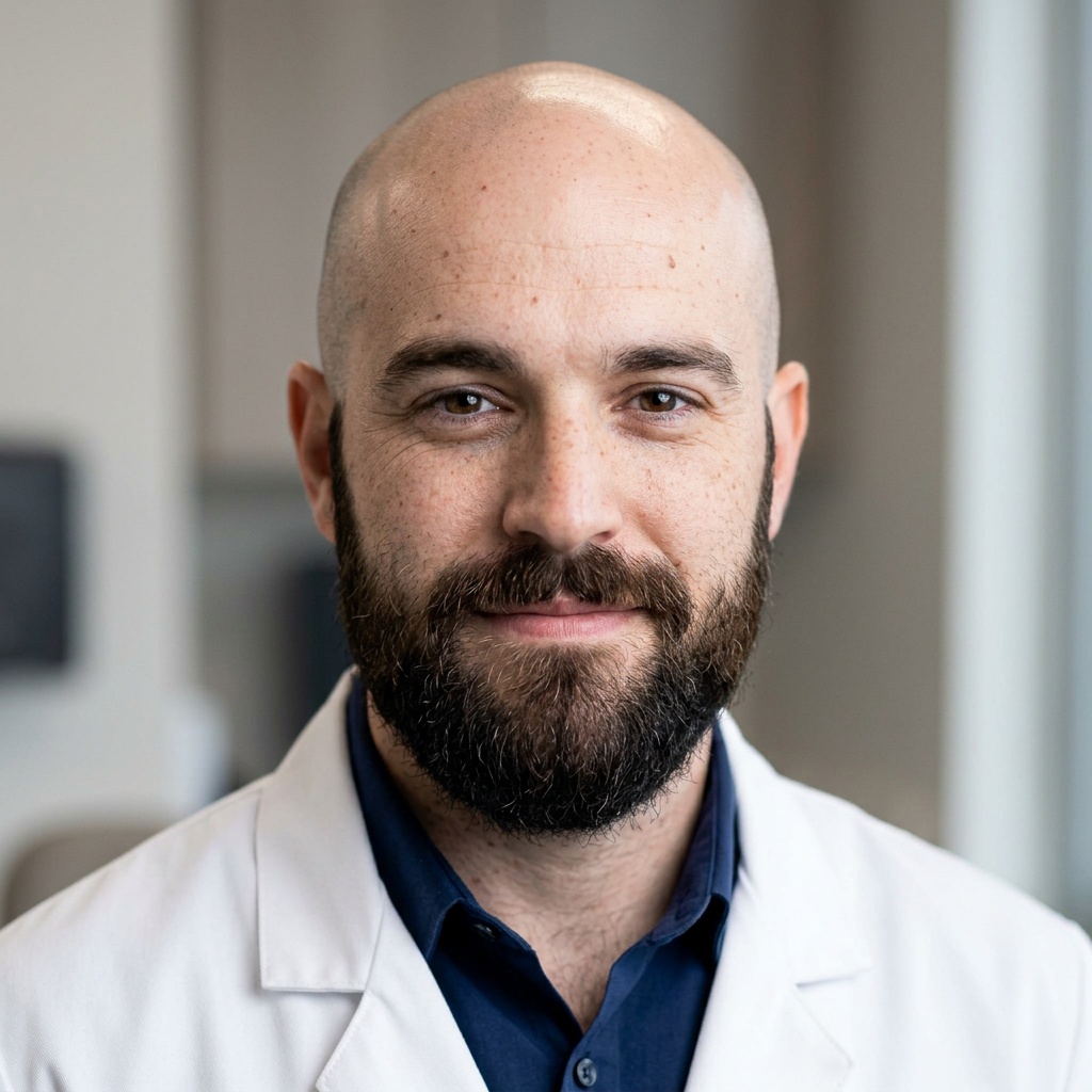Warm Consultation Room · Physician White Coat headshot example