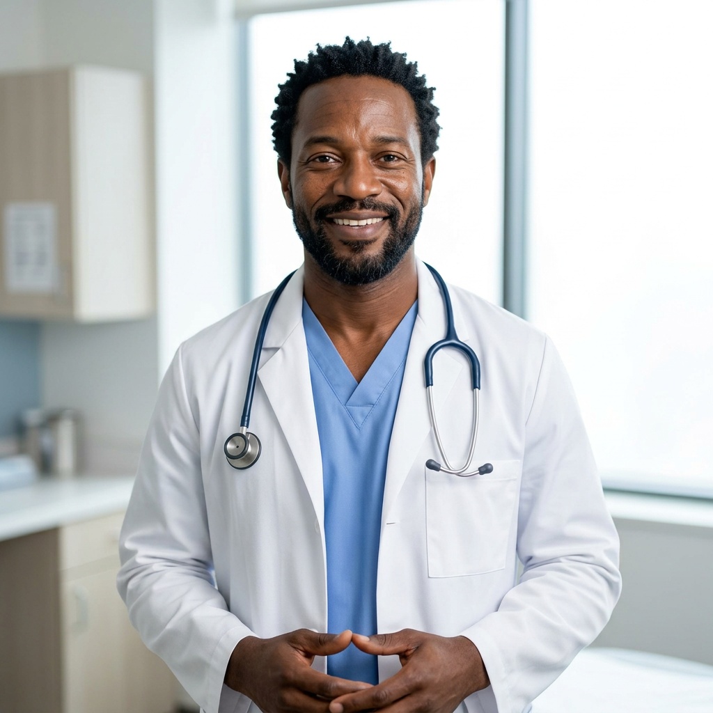 Modern Exam Room · White Coat over Scrubs headshot example