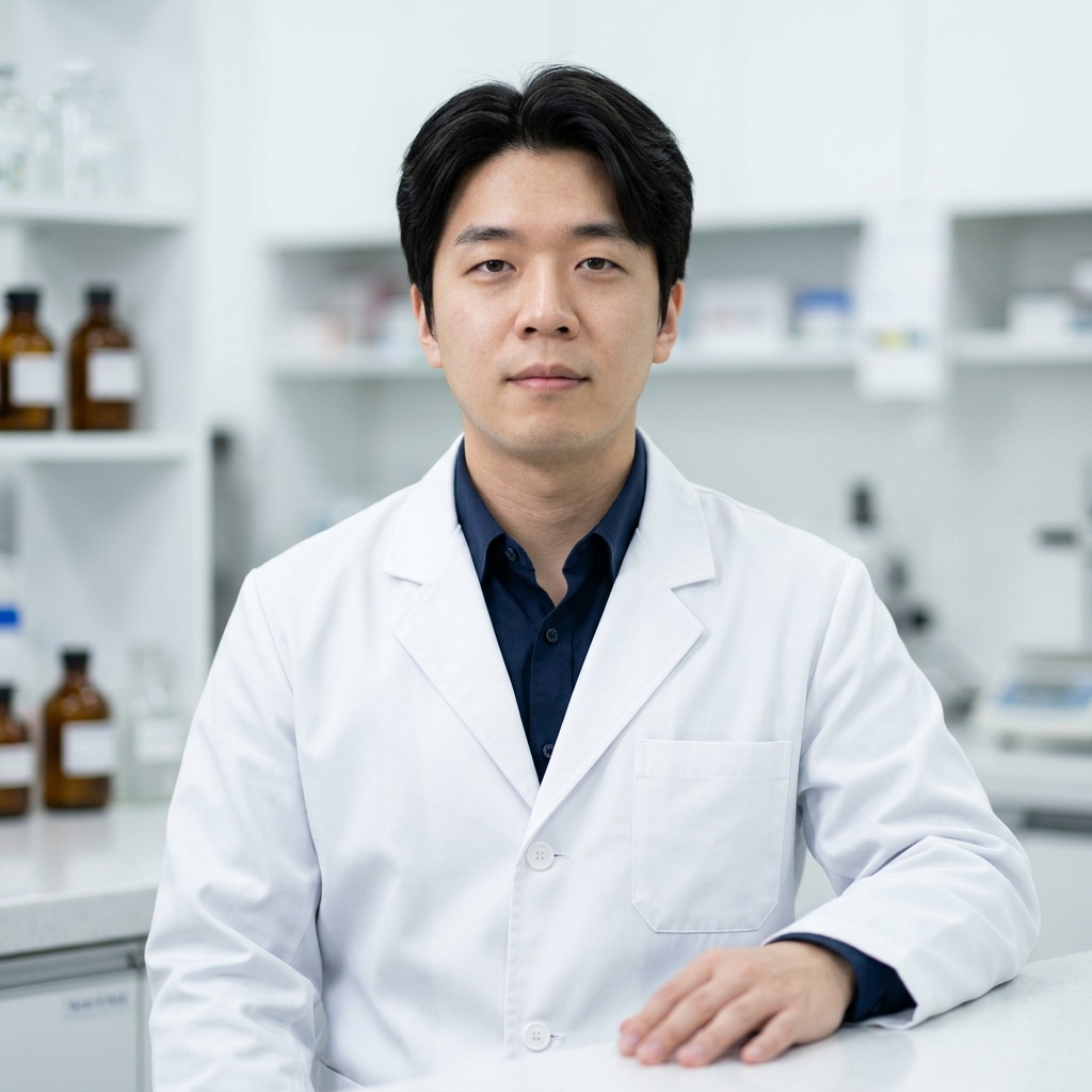 Clean Hospital Pharmacy · Hospital Pharmacist White Coat headshot example