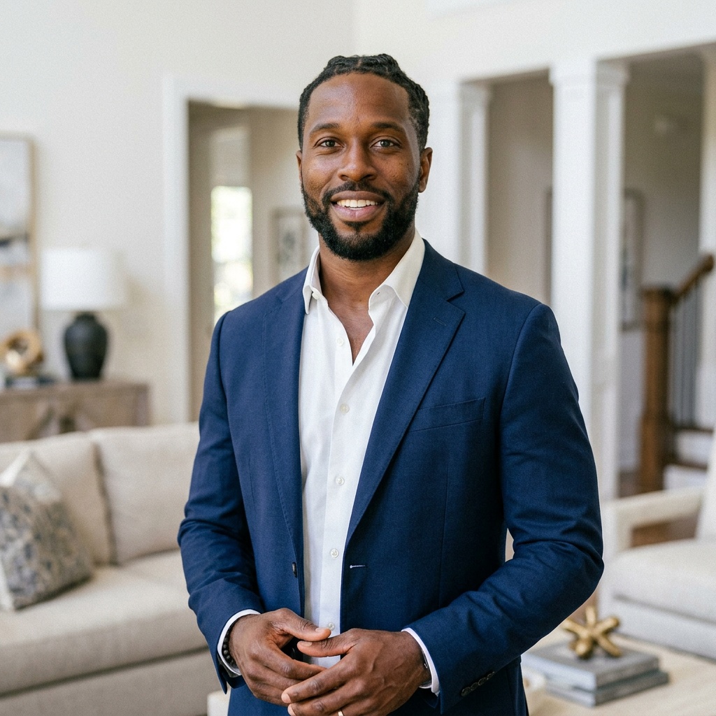 Staged Luxury Living Room · Open-Collar Blazer headshot example