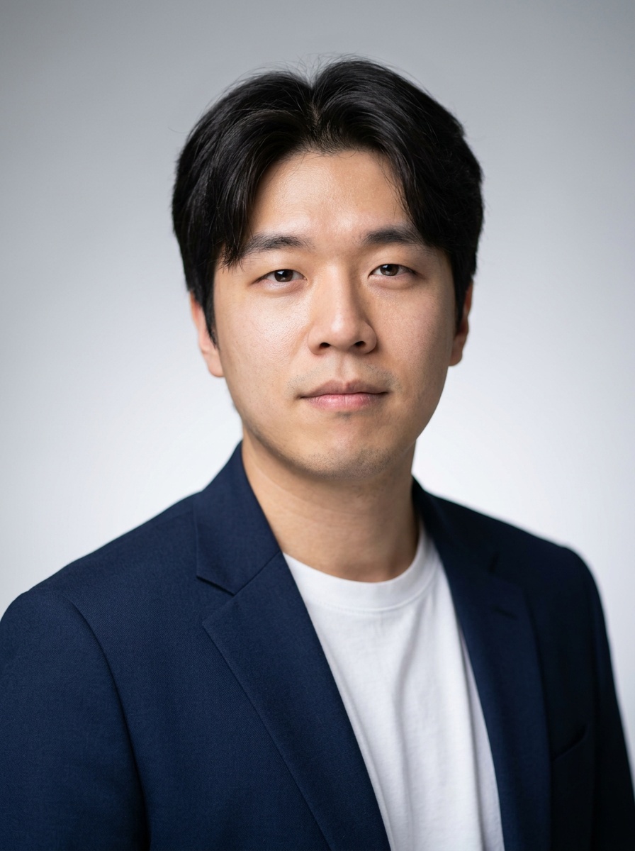 Neutral Gradient / Light Grey · Open navy blazer over simple white tee headshot example
