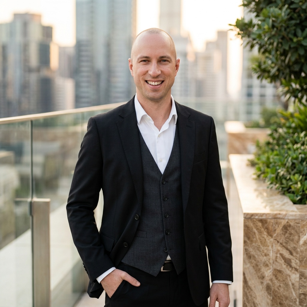 Rooftop Skyline · Black Blazer Tonal headshot example
