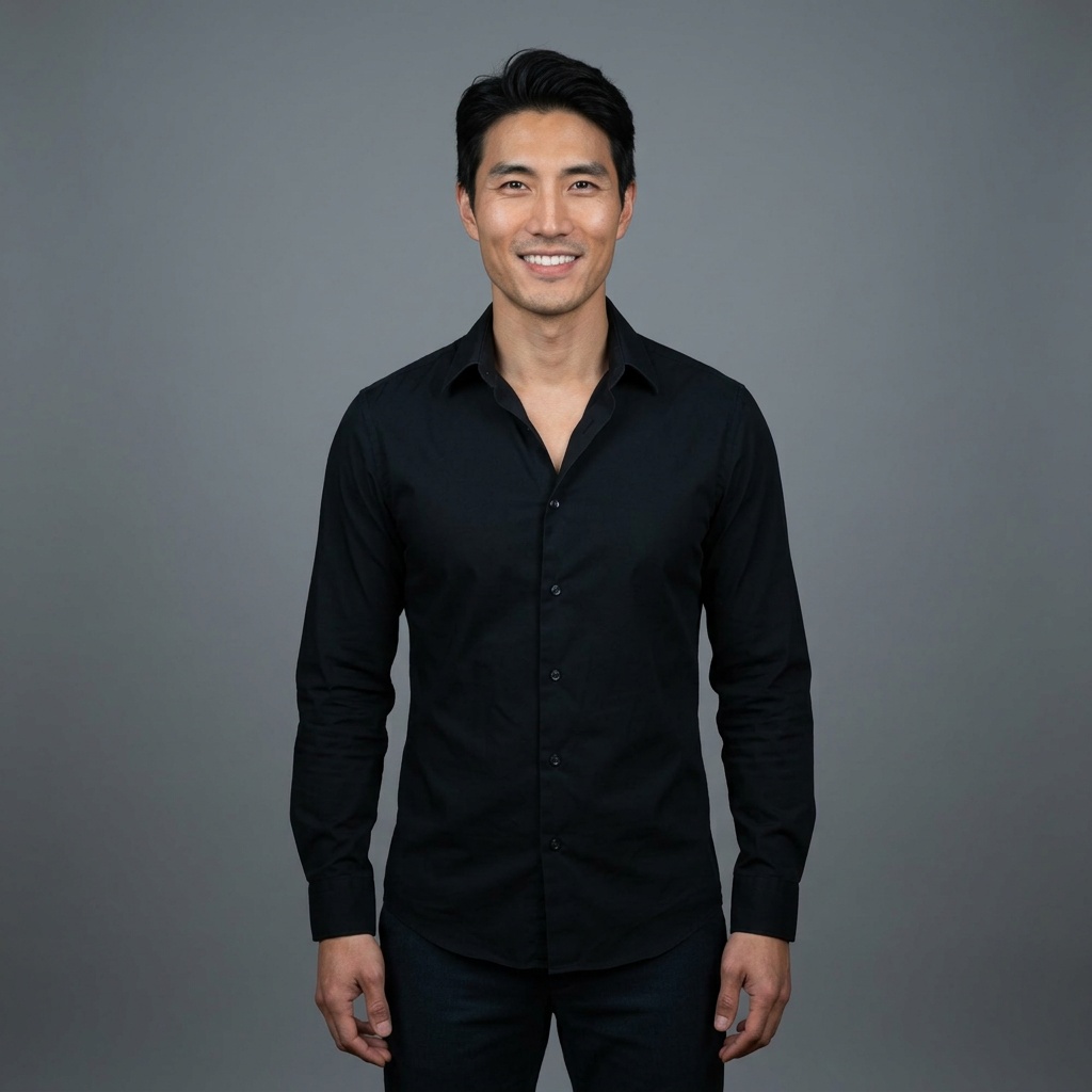 Neutral Mid-Grey Gradient Seamless · Black Button-Up with Dark Trousers headshot example
