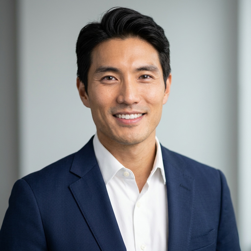 Neutral Gradient / Light Grey · Navy blazer with light blue shirt headshot example