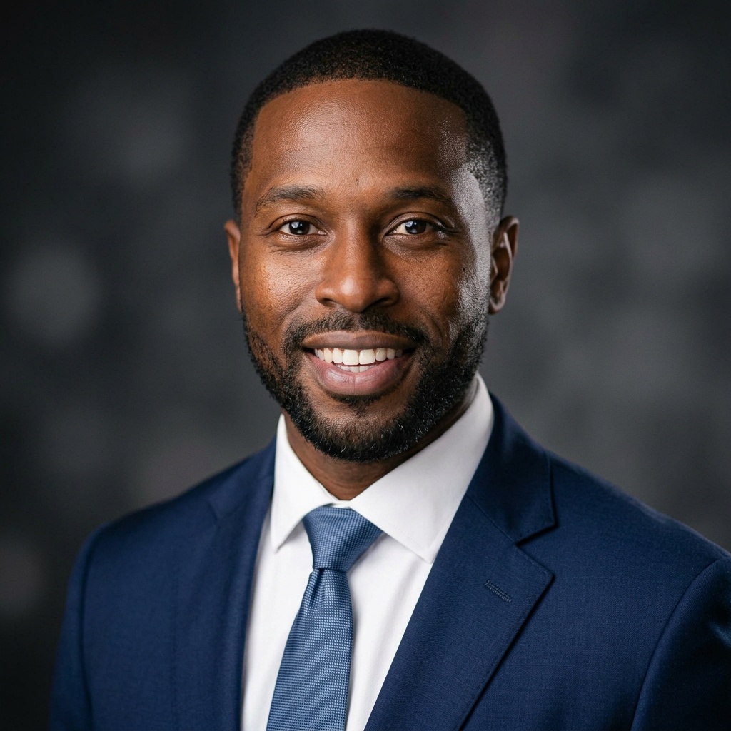 Dark / Dramatic Dark · Navy tailored suit headshot example