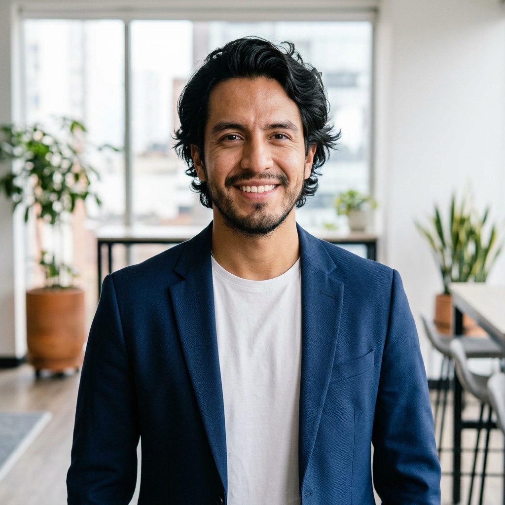 Window · Open navy blazer over simple white tee headshot example