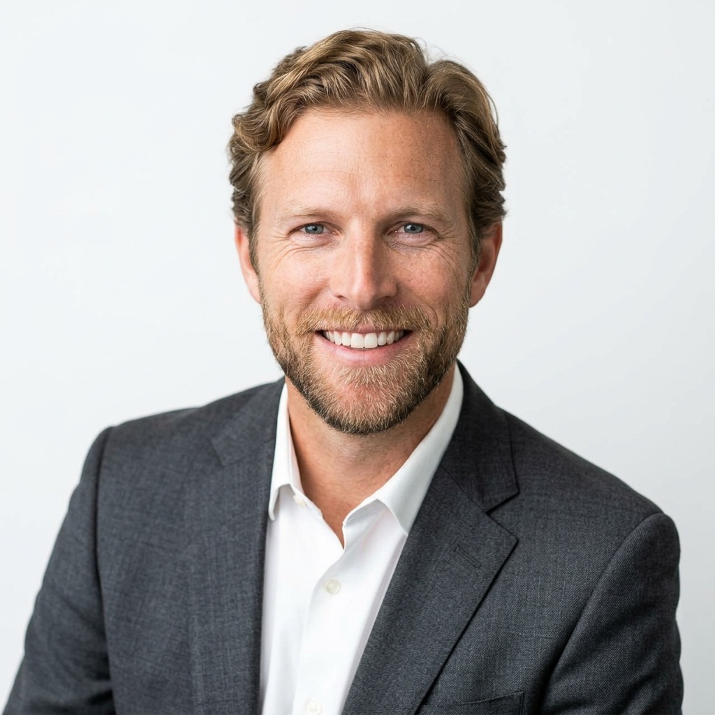 White / Pure White Studio · Charcoal gray blazer headshot example