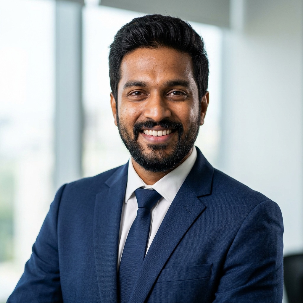 Office / Modern Office Workspace · Dark blue tailored suit headshot example