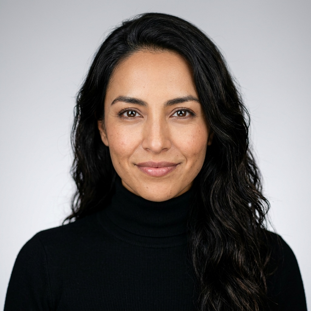 Neutral Gradient / Light Grey · Fitted black turtleneck headshot example