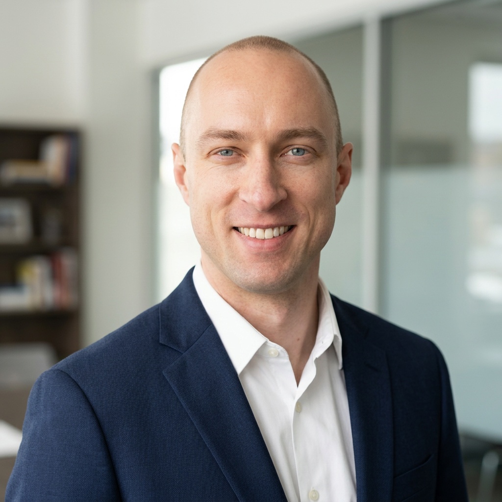 Office / Modern Office Workspace · Navy tailored suit headshot example