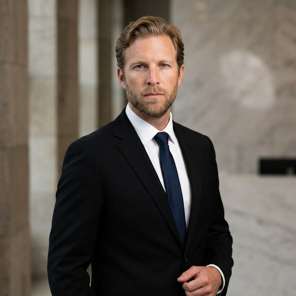 Courthouse Marble · Black Suit with White Shirt headshot example