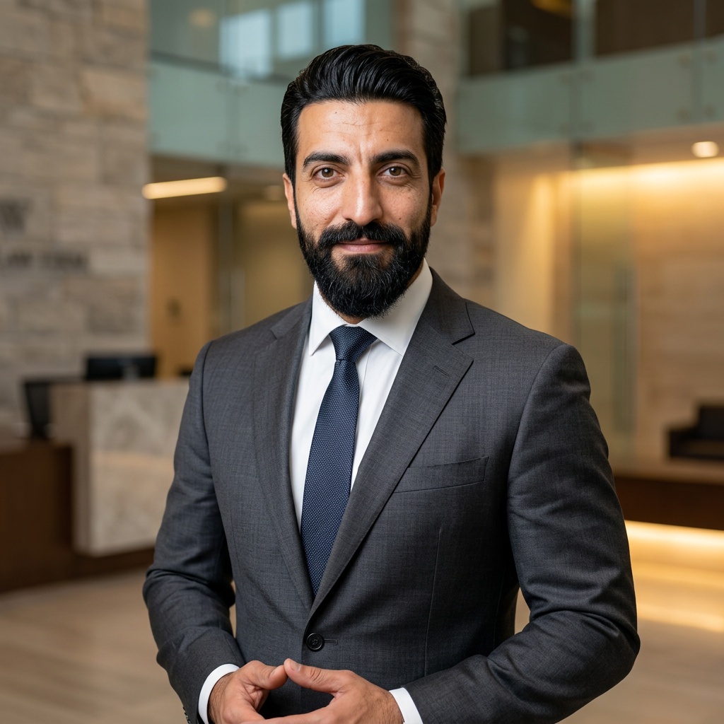 Modern Law Firm Lobby · Soft Gray Suit headshot example