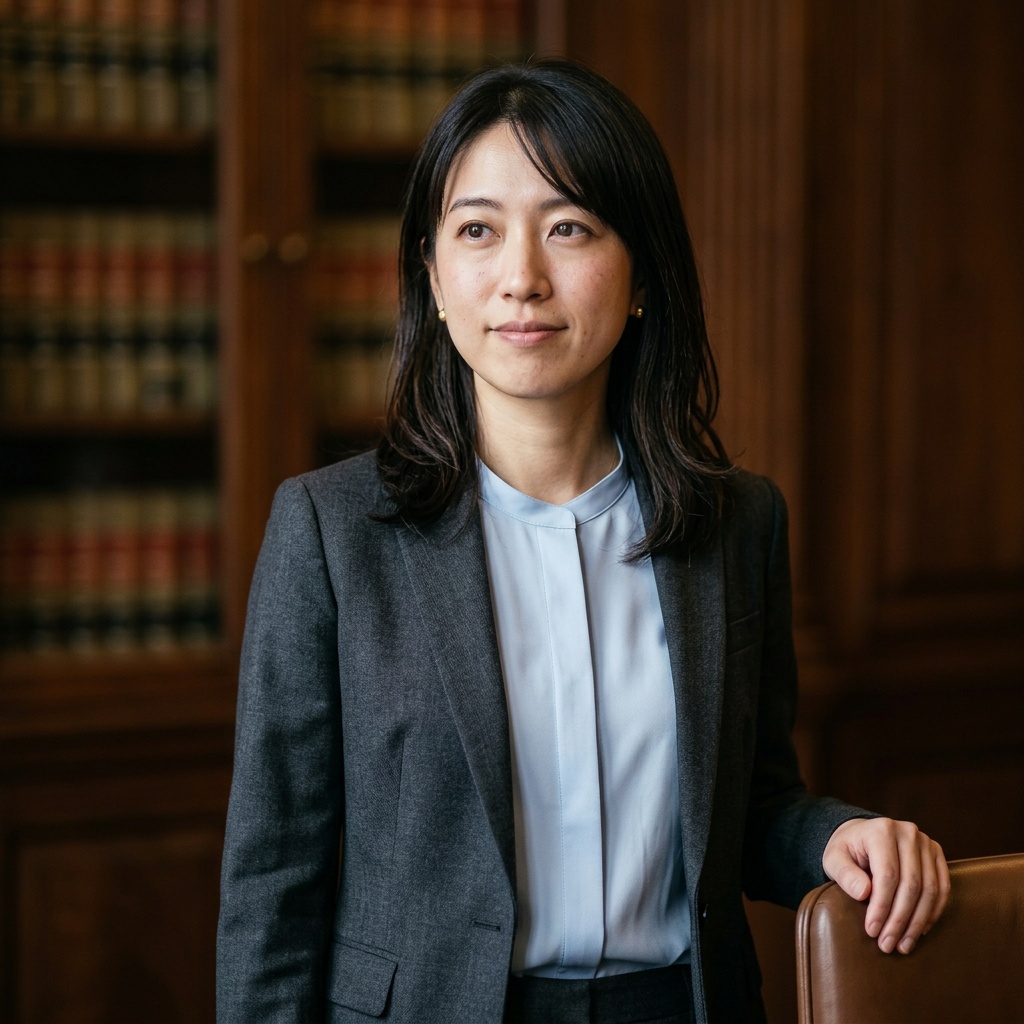 Warm Law Library · Charcoal Suit with Pale Blue Shirt headshot example