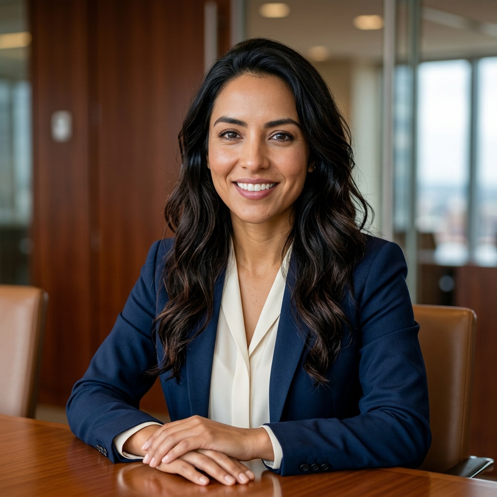 Warm Wood Conference Room · Navy Blazer Open Collar headshot example