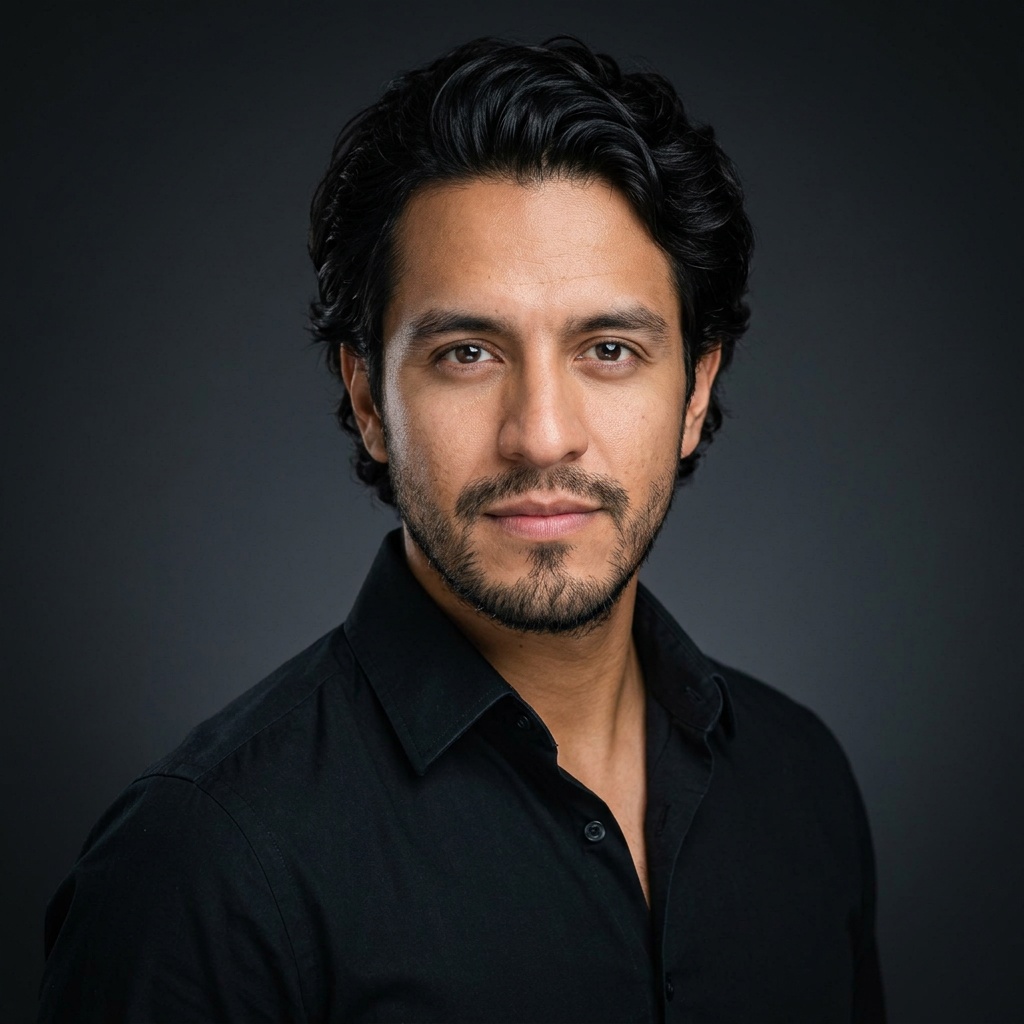 Dark Charcoal Grey Gradient · Black Button-Up with Dark Trousers headshot example
