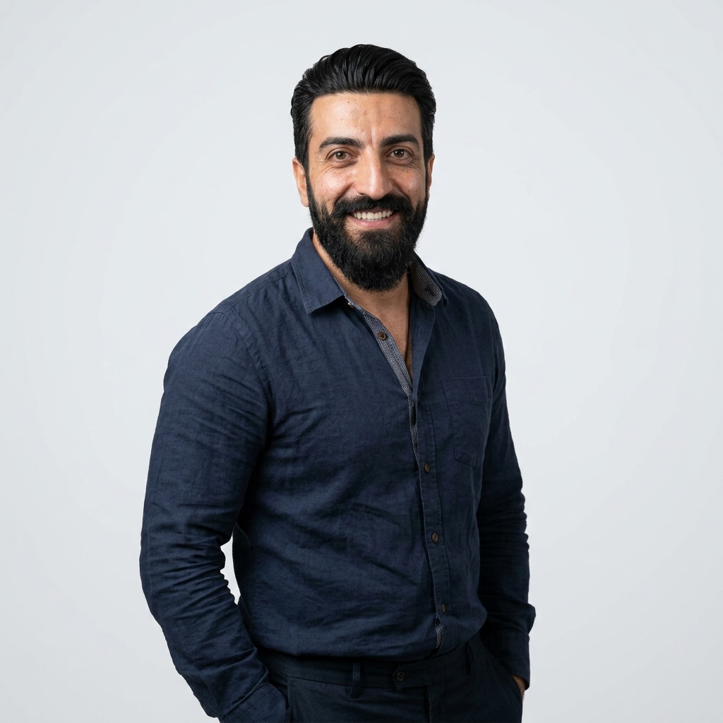 Soft White to Light Grey Studio · Navy Button-Up with Dark Trousers headshot example