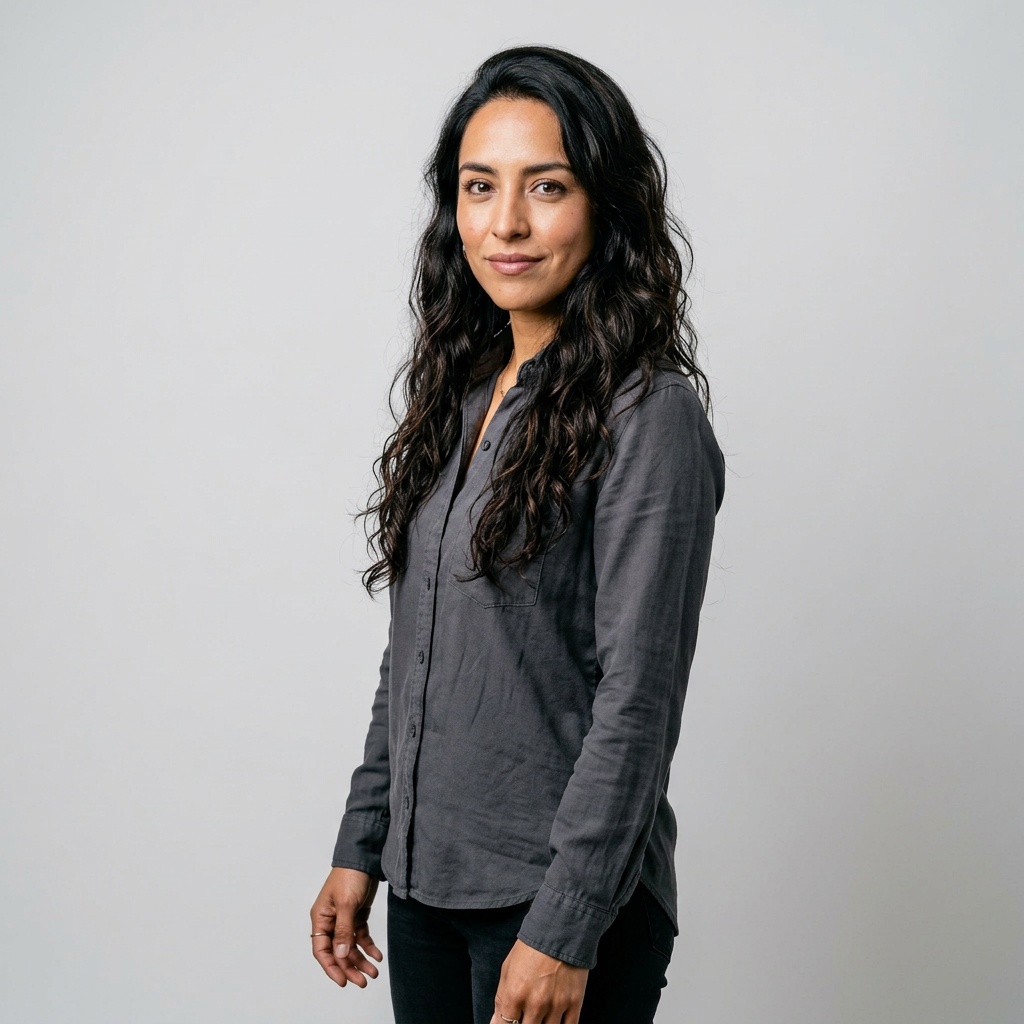 Soft White to Light Grey Studio · Charcoal Button-Up with Dark Pants headshot example