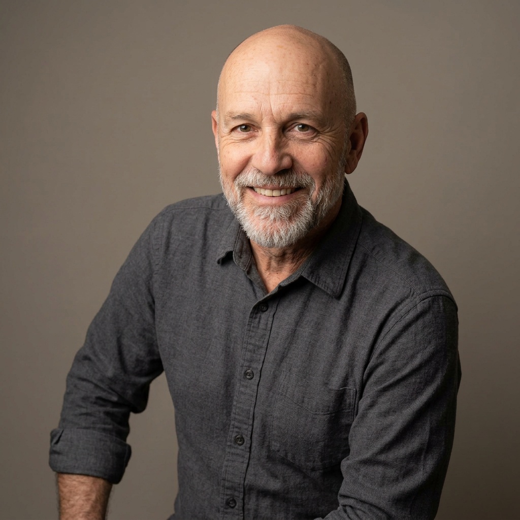 Warm Grey Studio Sweep · Charcoal Button-Up with Rolled Sleeves headshot example