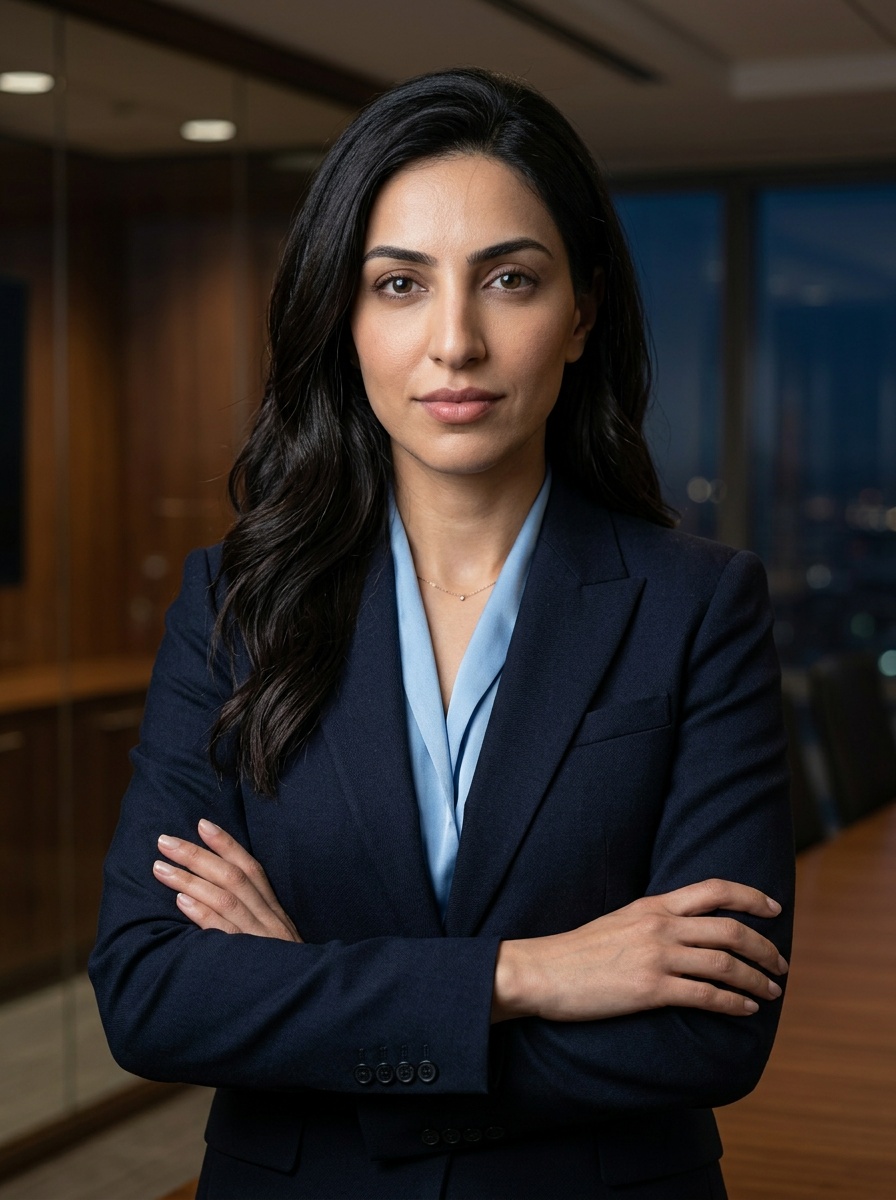 Dark Executive Boardroom · Dark Litigation Suit headshot example