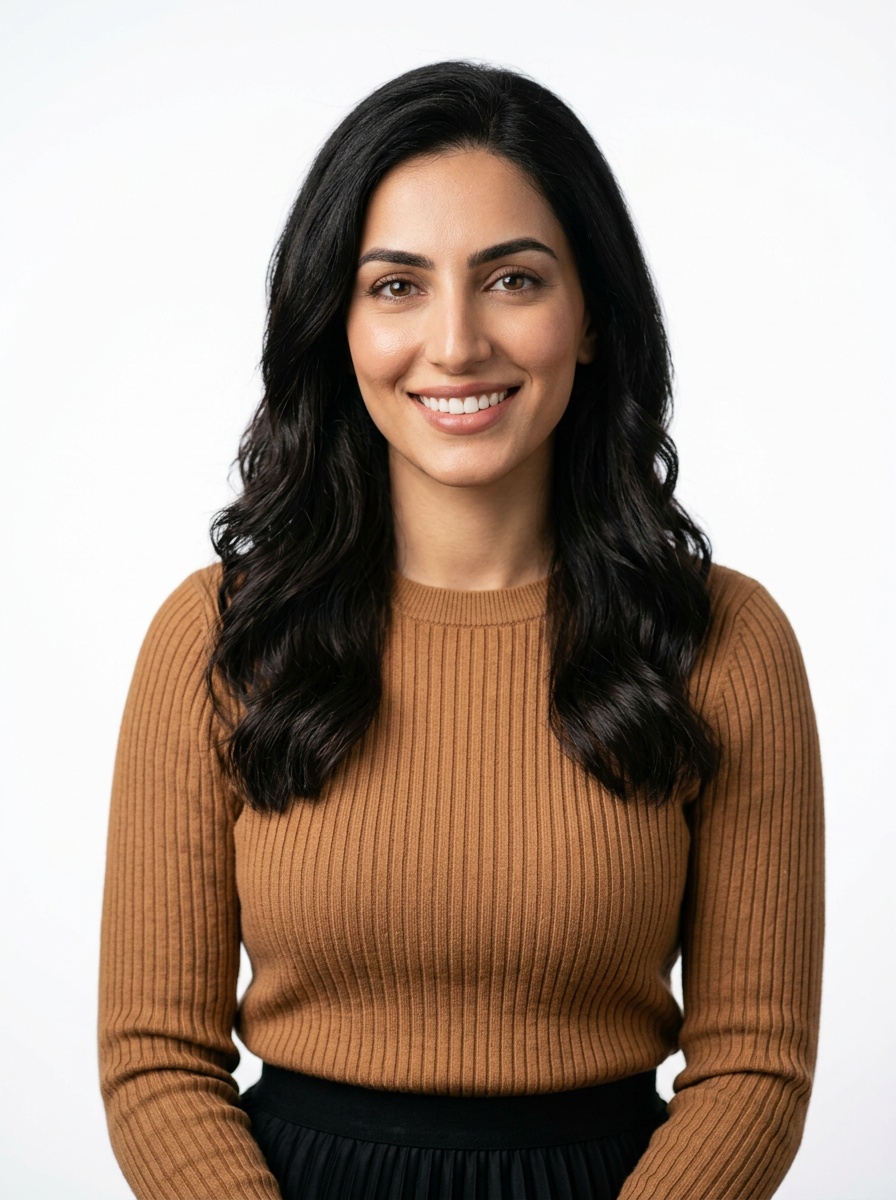 White / Pure White Studio · Caramel ribbed knit sweater + black pleated skirt headshot example